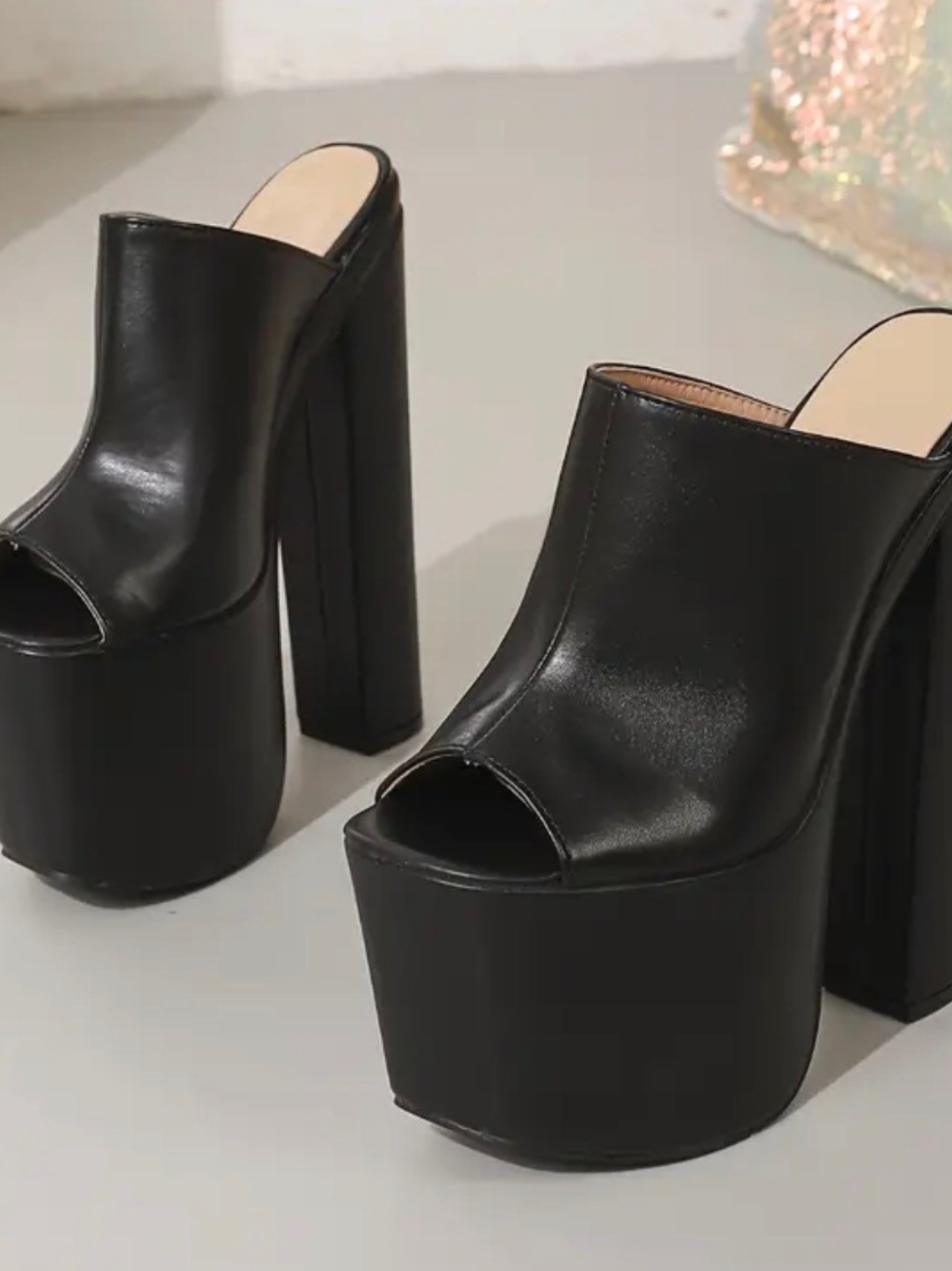 SHEIN Black Chunky High Platform Peep-Toe Mules